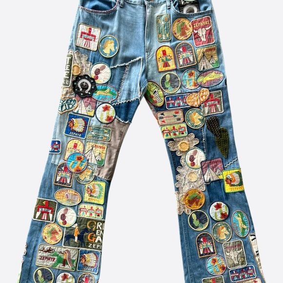 Kapital Blue Beautiful World Patch Flare Jeans - Picture 1 of 4